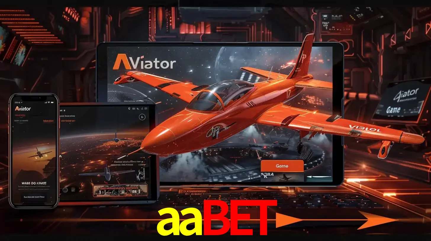 Apresentação tecnológica do jogo Aviator com um avião saindo da tela de um tablet, demonstrando a experiência imersiva em múltiplos dispositivos no aabet.