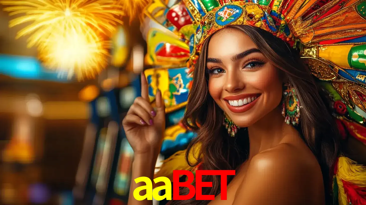 Mulher sorridente com um cocar de carnaval vibrante e colorido, celebrando uma grande vitória nos jogos do cassino aabet com fogos de artifício ao fundo.