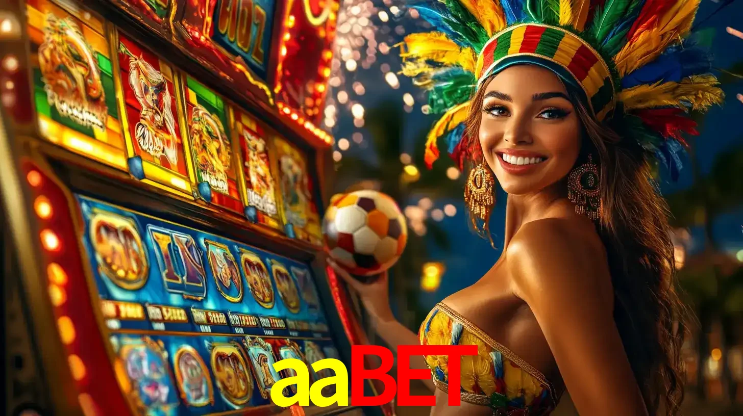 Mulher com um cocar de carnaval ao lado de uma máquina de caça-níqueis enquanto segura uma bola de futebol, mostrando a união da diversão de cassino e esportes no aabet.