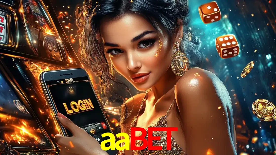 Mulher glamourosa segurando um celular com a tela de login do cassino aabet, rodeada por dados e moedas douradas, pronta para começar a diversão.
