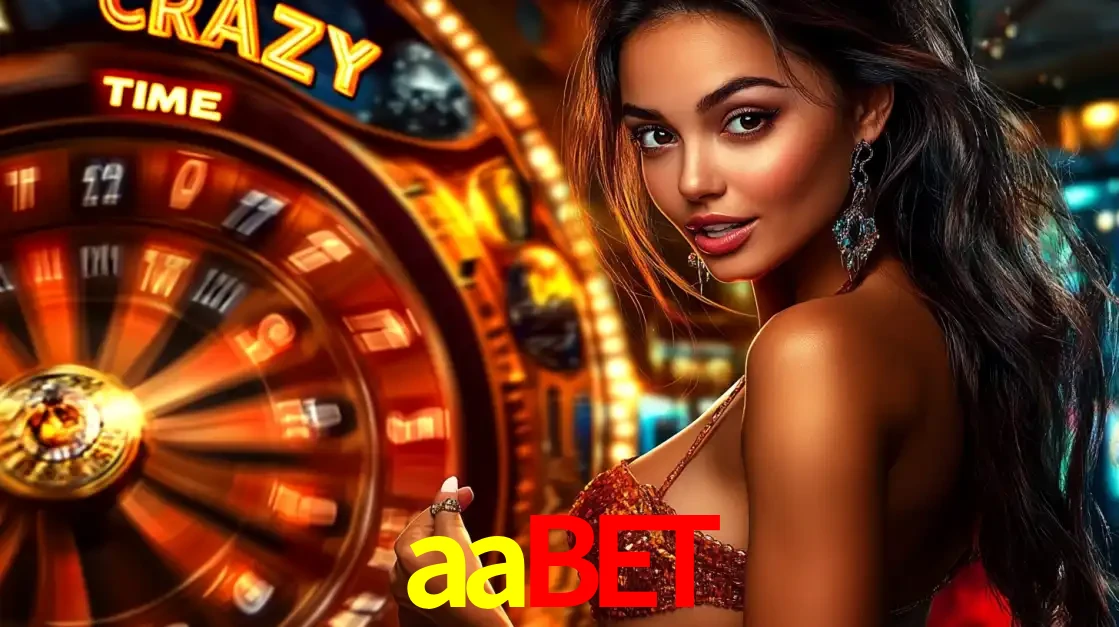 Mulher ao lado da roda de prêmios do jogo de cassino ao vivo Crazy Time, um dos shows de jogos mais emocionantes oferecidos pela plataforma de apostas aabet.