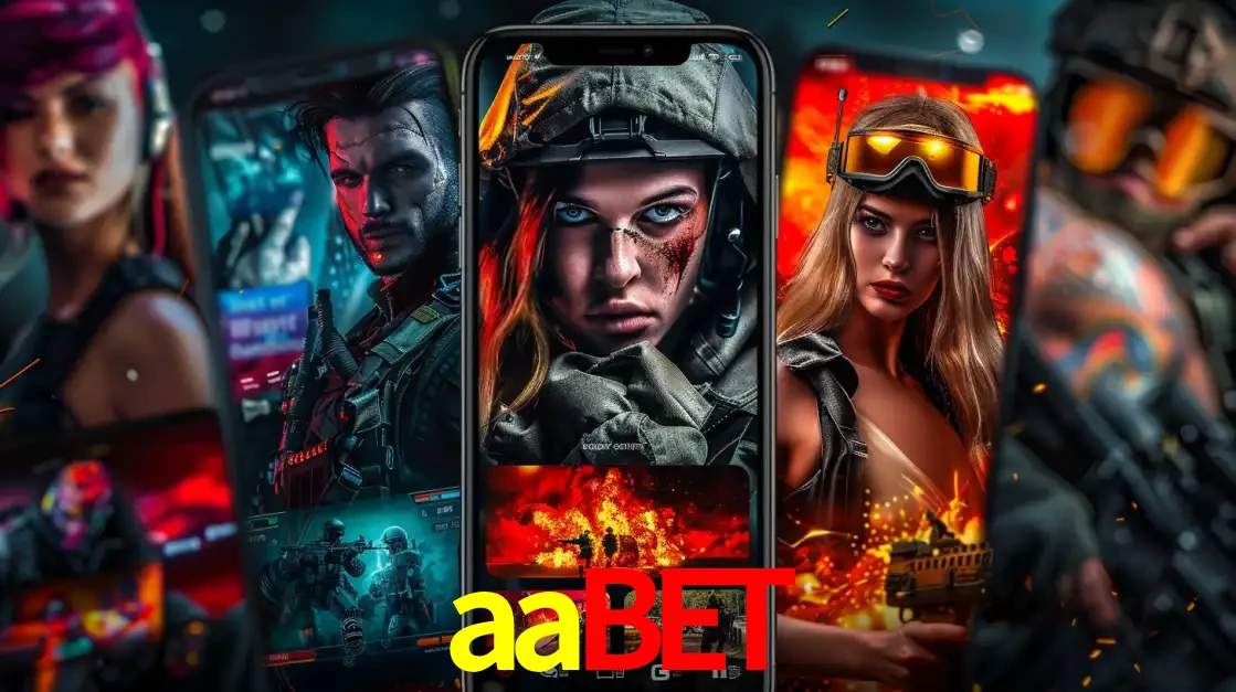 Montagem de telas de celular mostrando diversos personagens, masculinos e femininos, de um jogo de tiro, ilustrando a diversidade de equipes de e-sports para apostar no aabet.