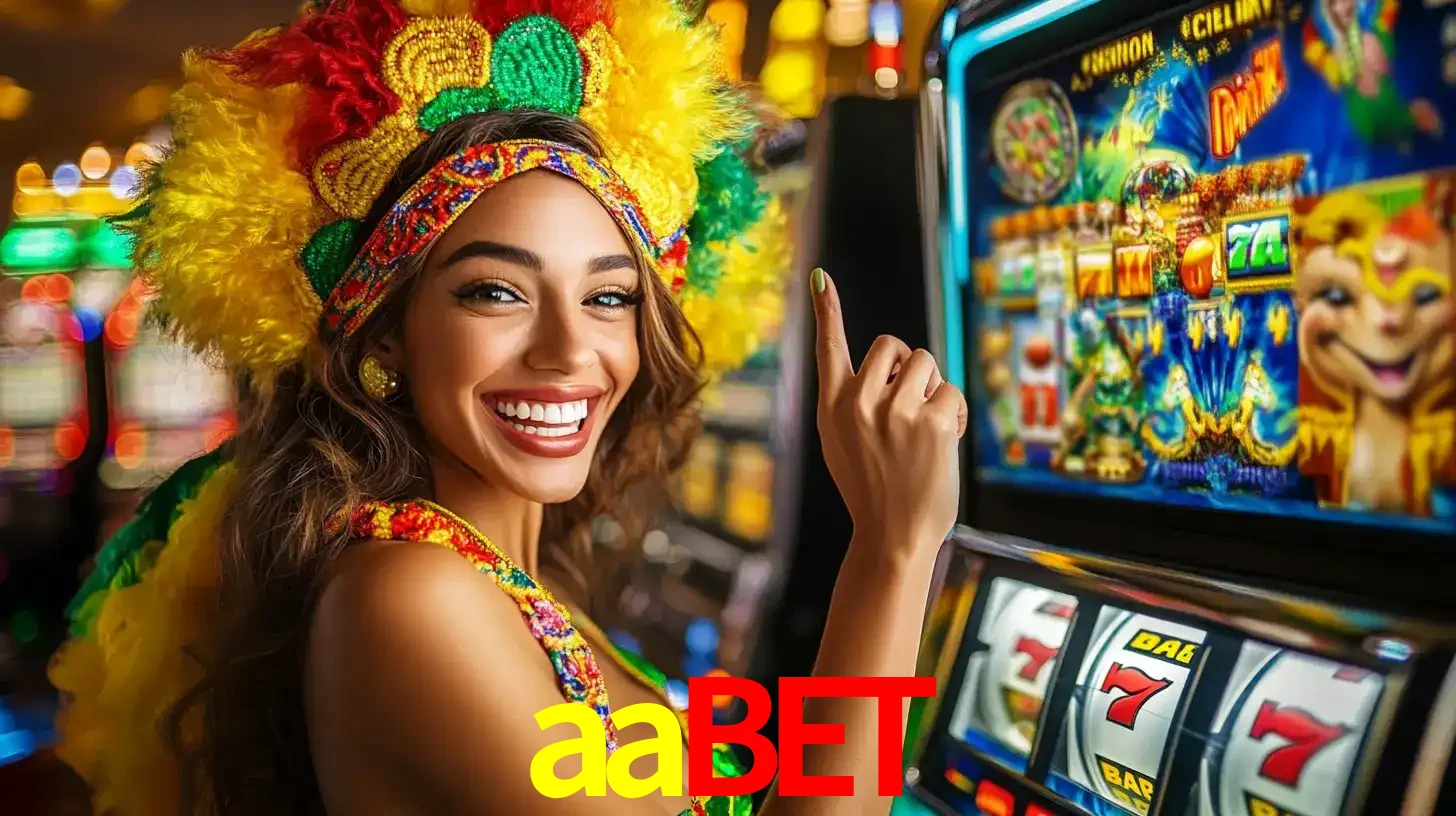 Mulher animada com um cocar de carnaval apontando para uma máquina de caça-níqueis, mostrando a emoção de ganhar um grande prêmio nos jogos do aabet.