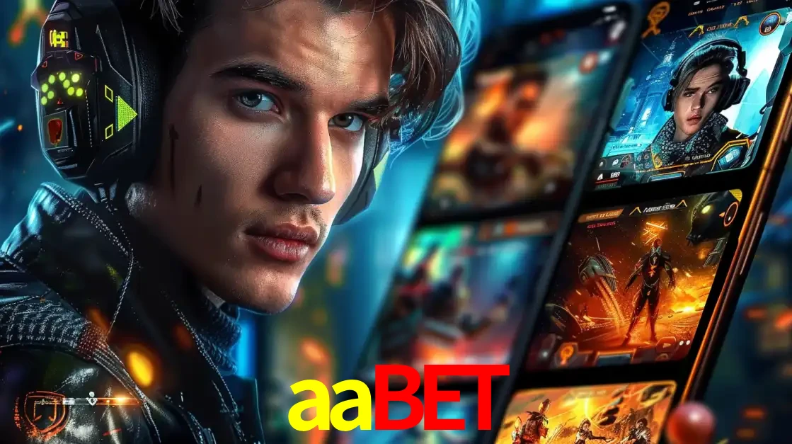 Jovem jogador com fones de ouvido olhando para a câmera, com um aplicativo de jogos e e-sports para celular ao fundo, pronto para a competição e apostas no aabet.