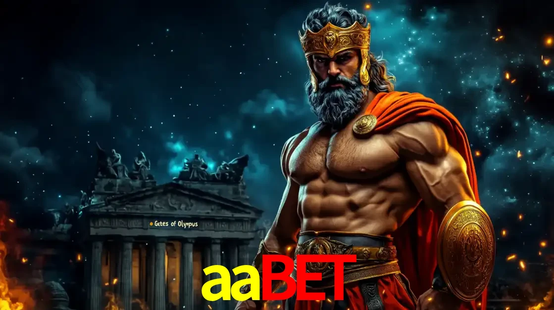 O poderoso Zeus do jogo de slot Gates of Olympus em frente ao seu templo, pronto para lançar multiplicadores divinos e prêmios épicos no cassino online aabet.