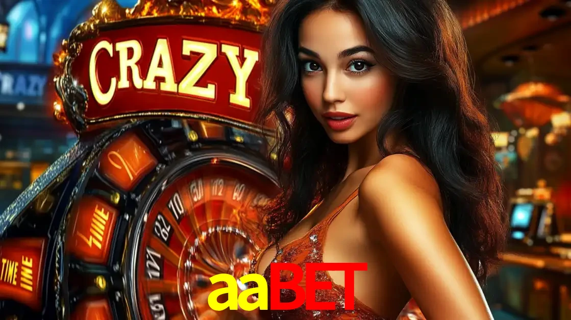 Mulher glamourosa olhando para a câmera com a roda vermelha do Crazy Time ao fundo em um ambiente de cassino, destacando a emoção dos jogos ao vivo no aabet.