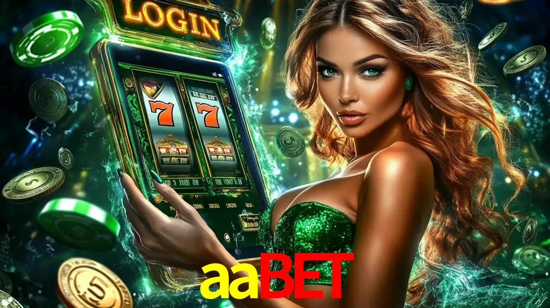 Mulher com tema verde apresentando o aplicativo do cassino aabet com um jogo de slot de 777, cercada por fichas de cassino e uma aura de sorte.