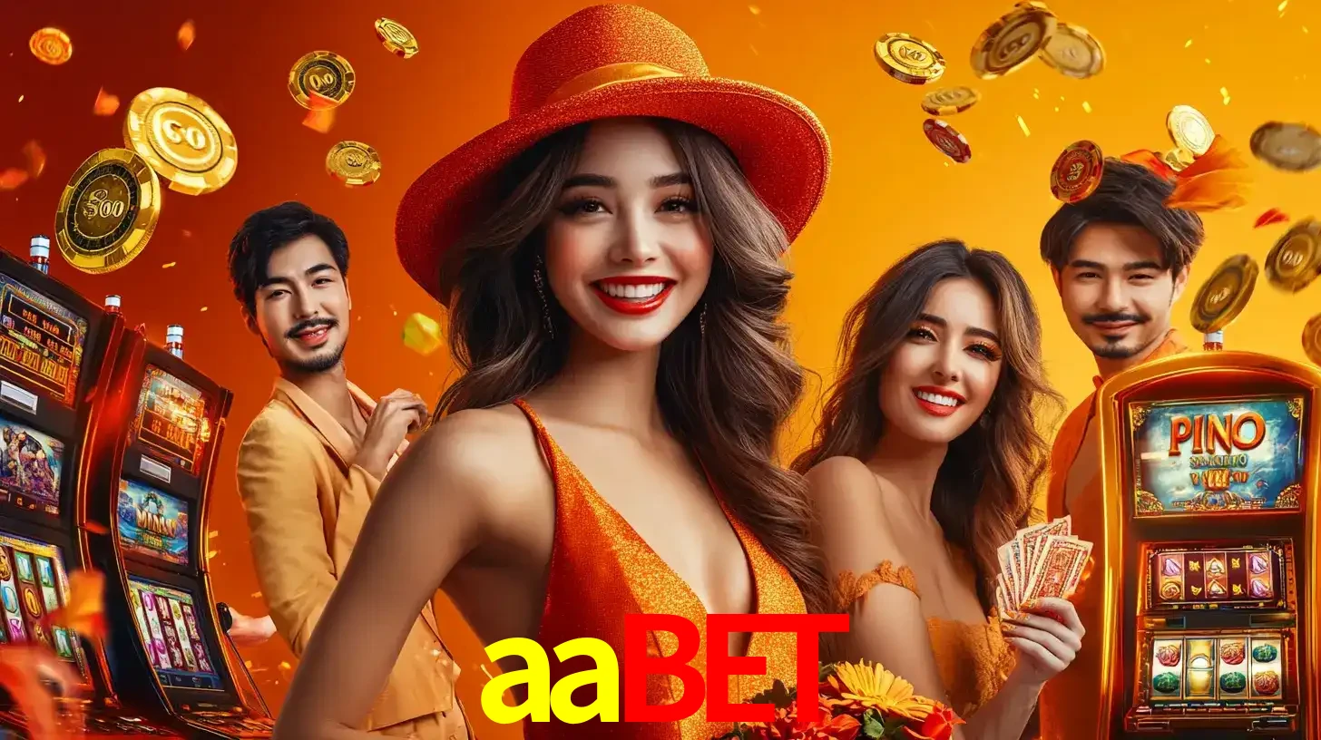 Grupo de amigos asiáticos sorrindo e se divertindo com máquinas de caça-níqueis em um ambiente festivo, celebrando suas vitórias nos jogos de cassino do aabet.