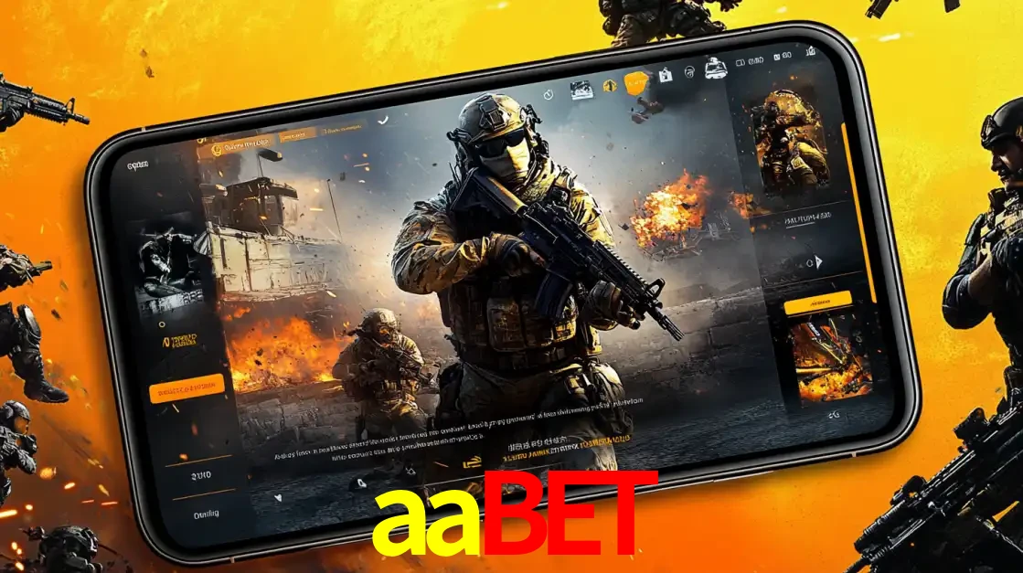 Um smartphone exibindo a interface de um jogo de tiro em primeira pessoa, com um soldado em um cenário de batalha, representando a ação dos e-sports para apostar no aabet.