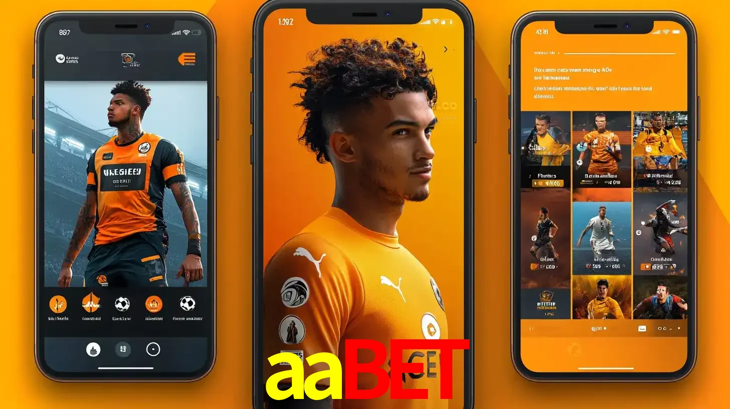 Interface do aplicativo de apostas esportivas aabet em três telas de celular, mostrando o perfil de um jogador de futebol e a lista de jogos disponíveis para apostar.