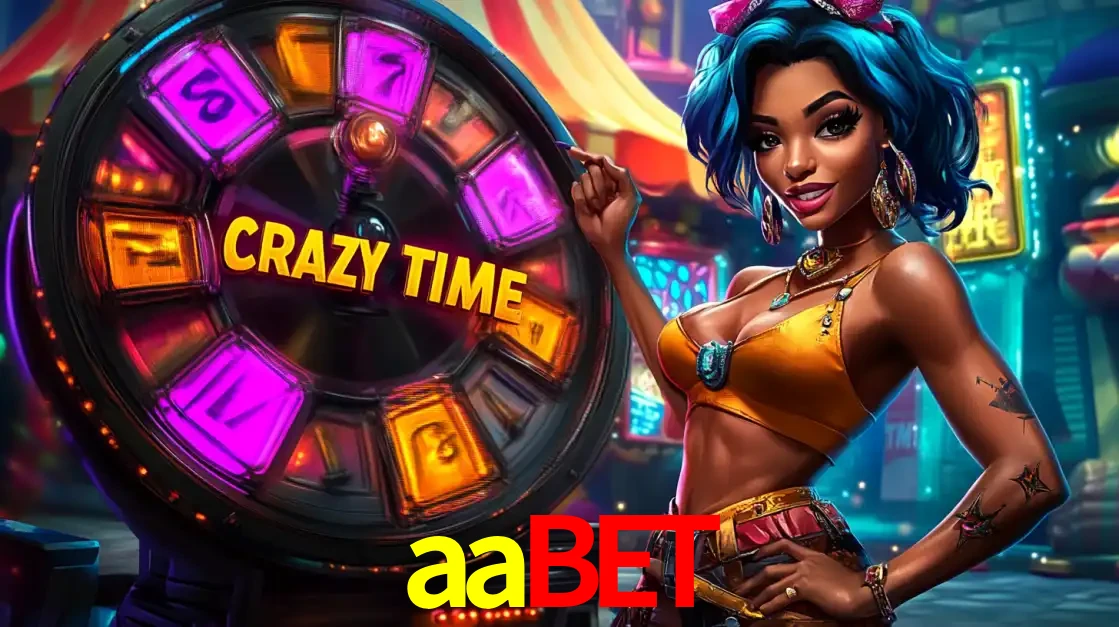 Mulher estilizada com cabelo azul e visual vibrante posando ao lado da roda de prêmios do game show Crazy Time, convidando para a diversão e os bônus do cassino aabet.