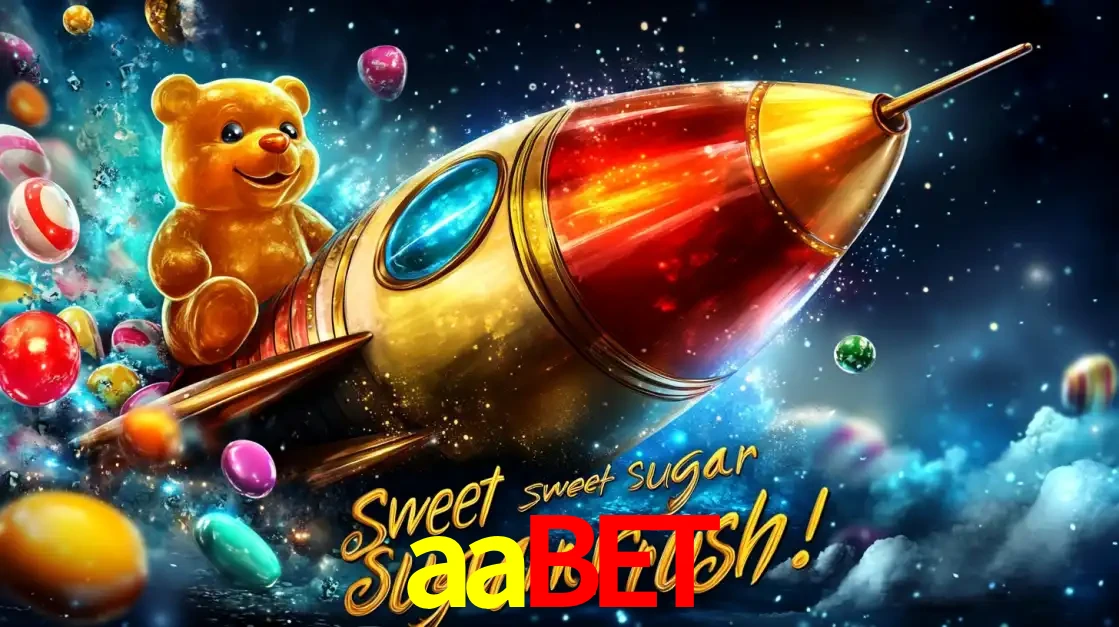 Arte promocional do jogo de slot Sugar Rush, com um urso de pelúcia em um foguete viajando pelo espaço de doces, um dos jogos divertidos disponíveis no cassino aabet.