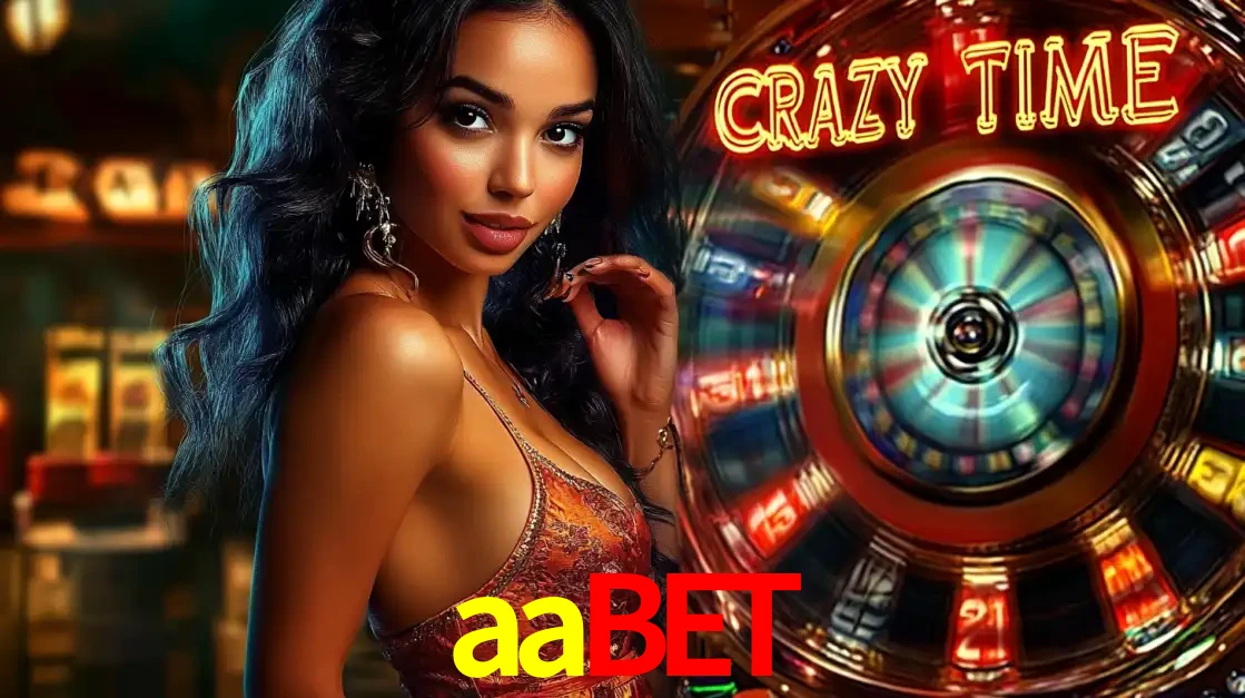Mulher elegante ao lado da vibrante roda da fortuna do jogo de cassino ao vivo Crazy Time, um dos game shows mais populares e cheios de prêmios do aabet.