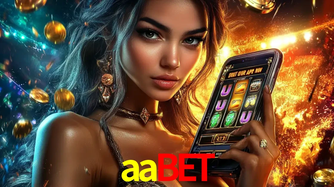 Mulher elegante mostrando um jogo de caça-níqueis em seu smartphone, destacando a experiência de cassino móvel oferecida pelo aplicativo aabet.