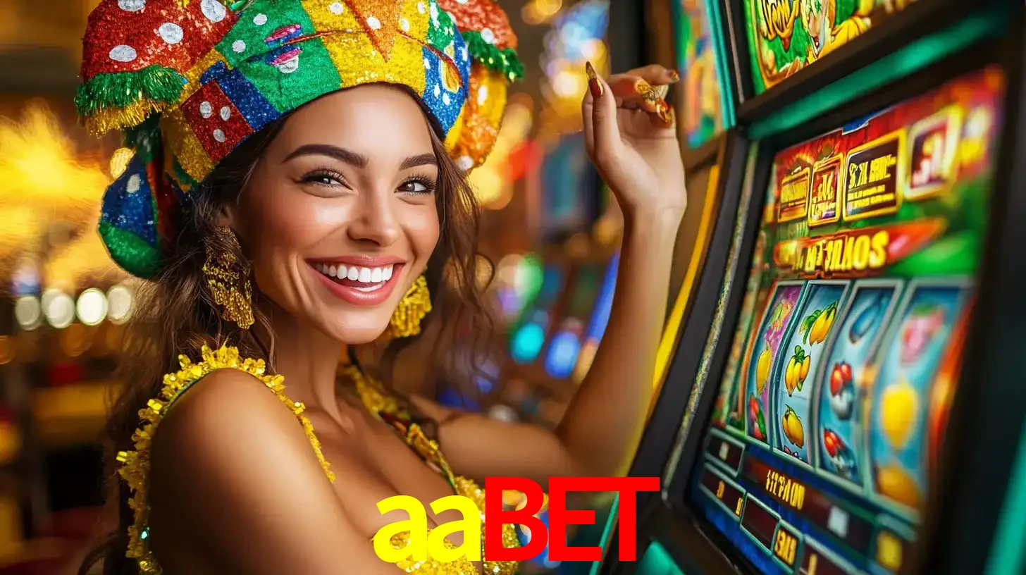 Mulher feliz com traje de carnaval amarelo e colorido ao lado de uma máquina de caça-níqueis, aproveitando a diversão e os jogos temáticos do cassino aabet.