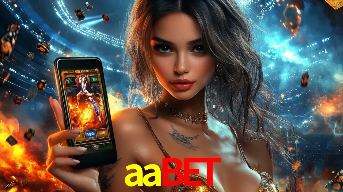 Mulher segurando um celular com um jogo de slot em destaque, tendo como fundo um estádio vibrante, simbolizando a emoção de jogar no cassino móvel aabet.