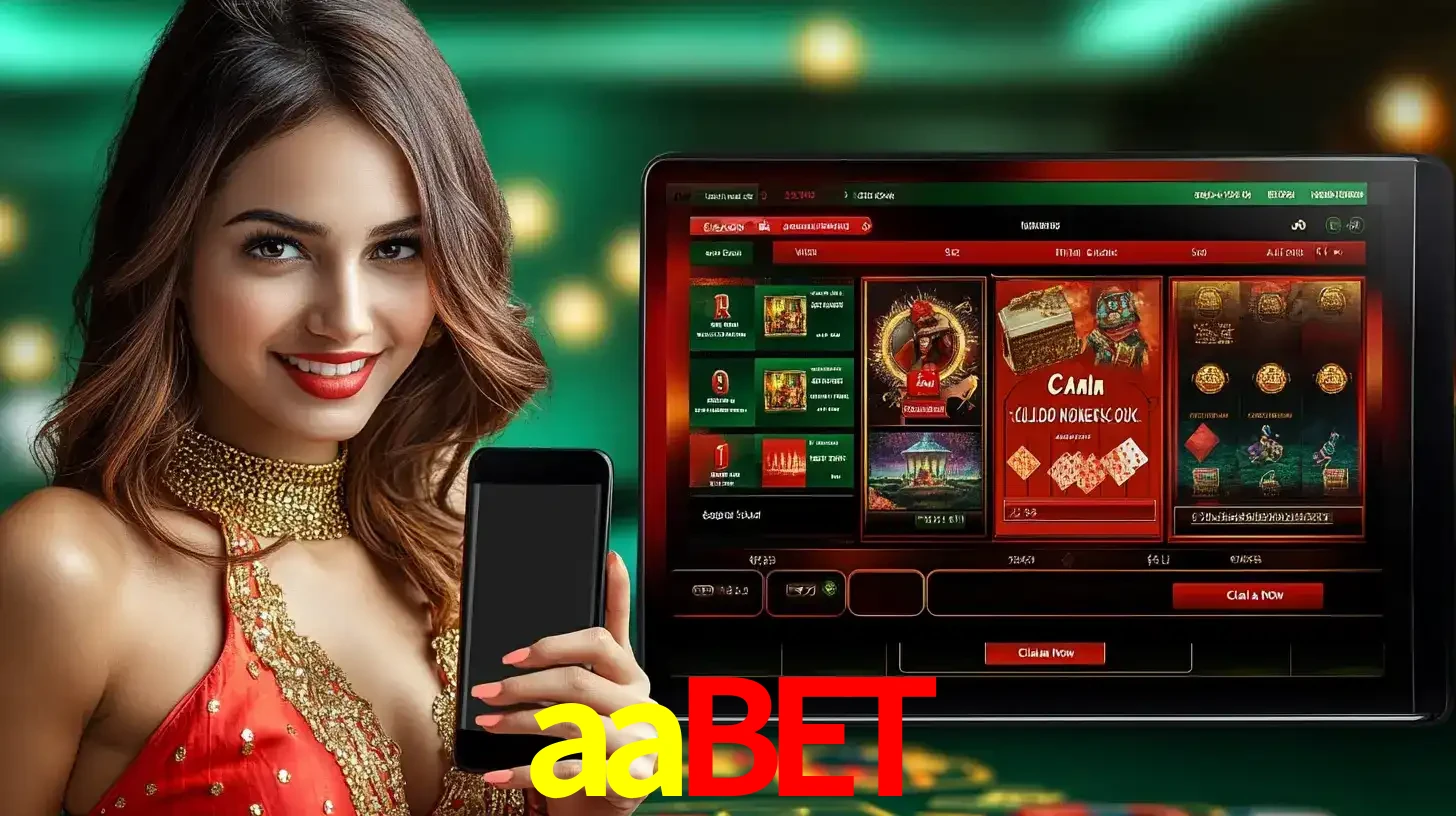 Mulher sorridente segurando um smartphone, ao lado de uma tela exibindo o lobby de jogos do cassino online aabet, com várias opções de jogos de cartas e slots.